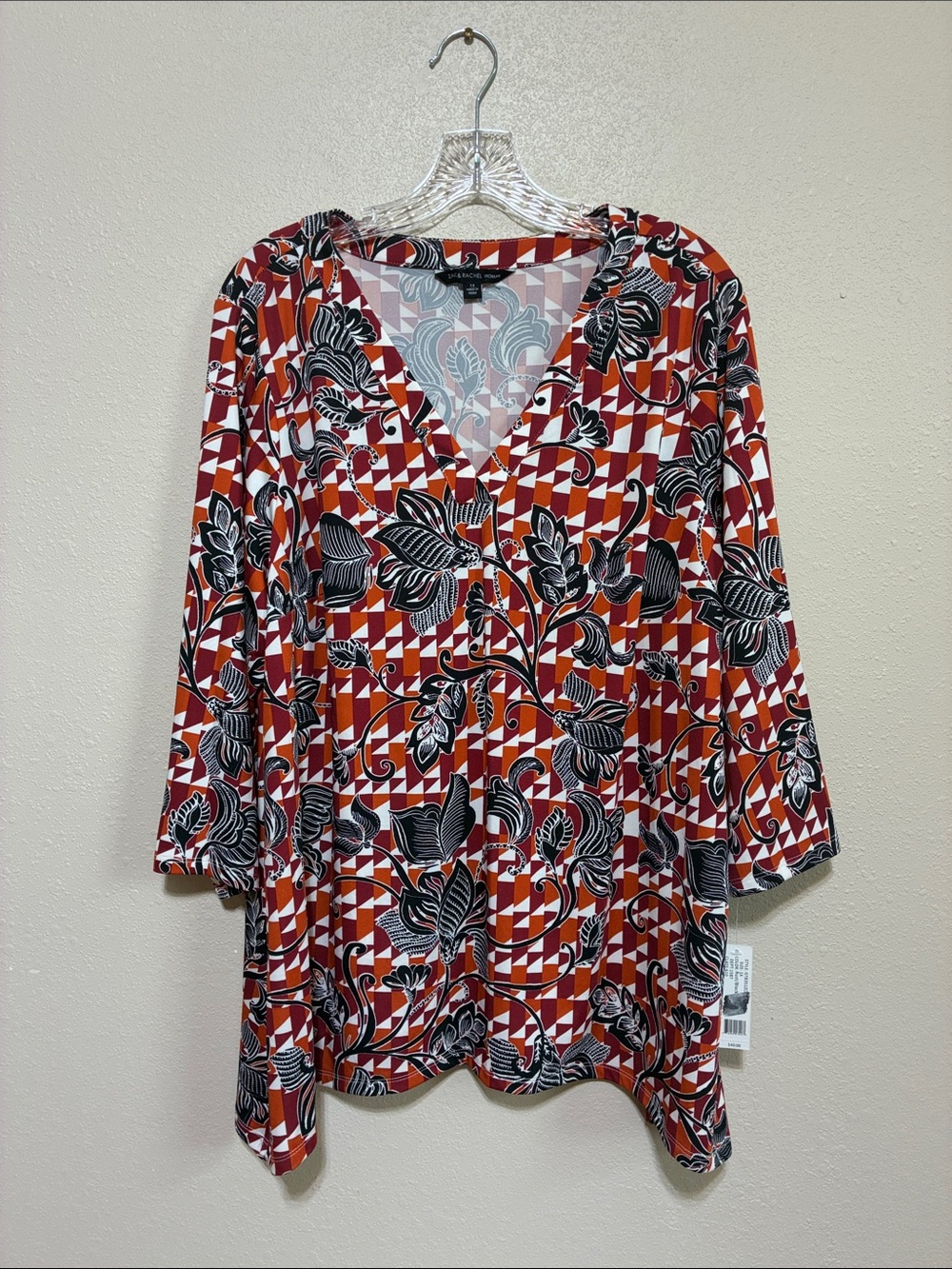 NEW Zac & Rachel Size 1X Rust Black Vneck 3/4 Sleeve Tunic Top Office Career